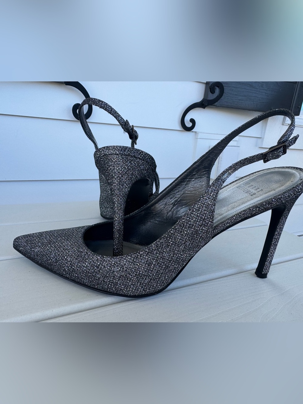 Stuart Weitzman Metallic Silver Sparkle Pointed Toe Slingback Pumps Heels 11M